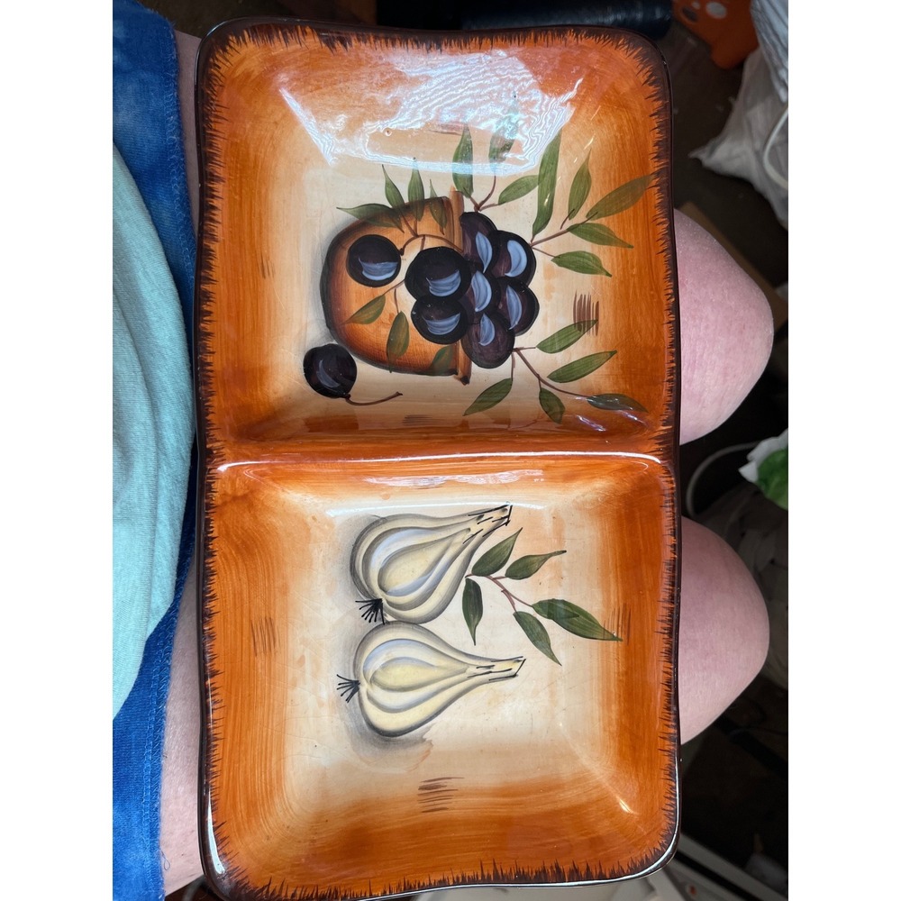 Pier 1 Earthenware Divided Serving Tray Olive Garlic Hand Painted Orange Platter